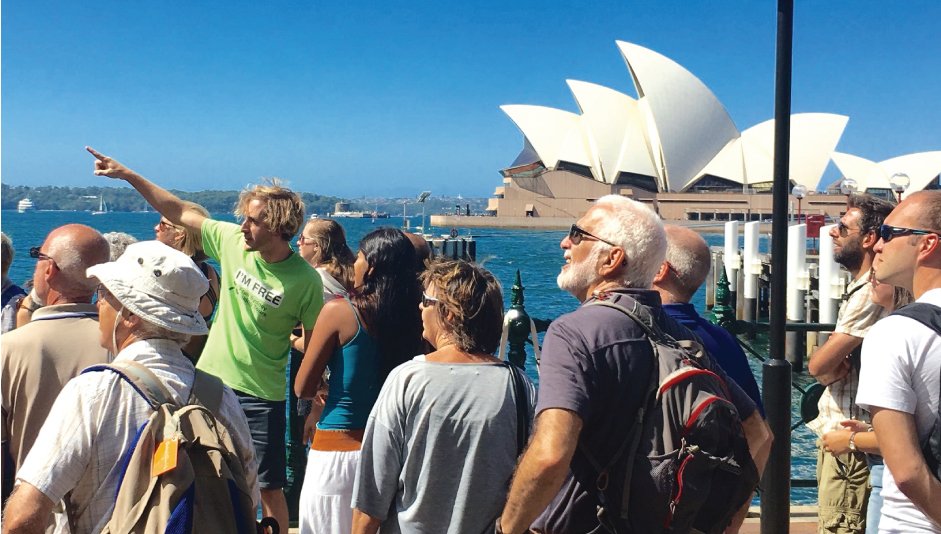 Local I'm Free Tours of Sydney & Melbourne tour guide with a tour group in front of the Sydney Opera House