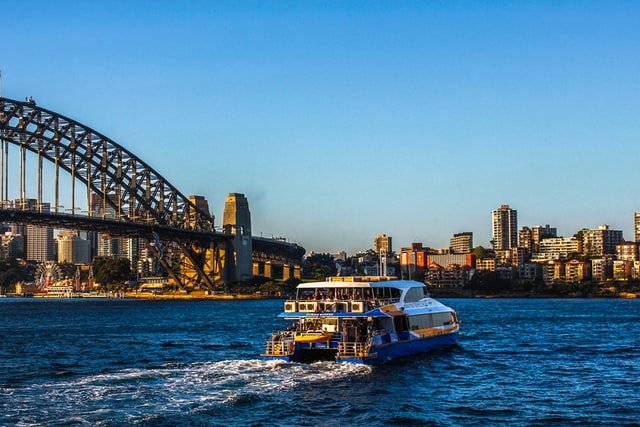Manly Fast Ferry in foreground of Sydney Harbour Bridge