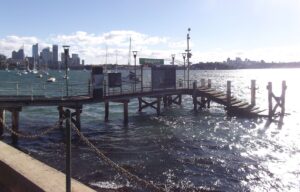 Darling Point ferry wharf photographed in June 2018 from the eastern side of McKell Park facing the Harbour Bridge