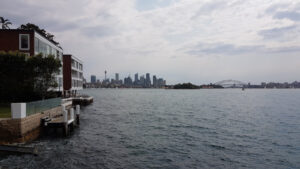 View from Duff Reserve of Sydney Harbour, with the distant Bridge and city skyline